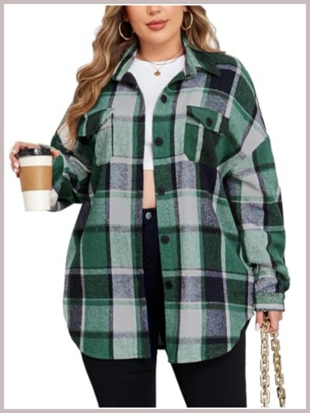 Plus Size Flannel Plaid Corduroy Shacket Long Sleeve Button Down Coat